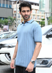 Textured Knit Polo T-Shirt - Blue