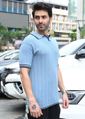 Textured Knit Polo T-Shirt - Blue