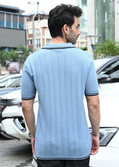 Textured Knit Polo T-Shirt - Blue