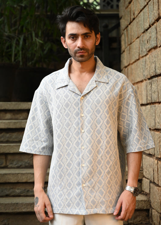 Textured Jacquard Short-Sleeve Shirt - Blue