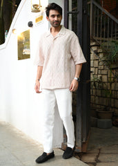 Textured Jacquard Short-Sleeve Shirt - Pale Pink