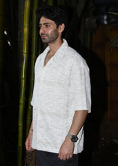 Textured Oversized Half-Sleeve Shirt - Beige