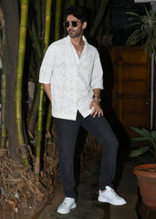 Textured Oversized Half-Sleeve Shirt - Beige