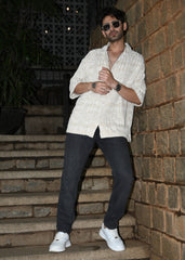 Textured Beige & White Casual Shirt