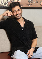 Velvet Half Sleeve Shirt - Black