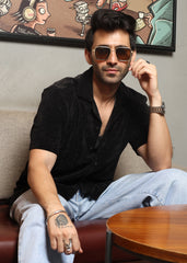 Velvet Half Sleeve Shirt - Black