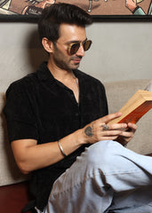 Velvet Half Sleeve Shirt - Black