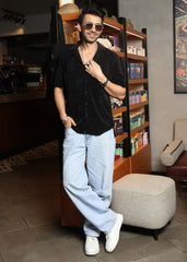 Velvet Half Sleeve Shirt - Black