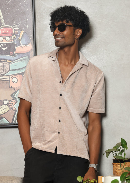 Velvet Half Sleeve Shirt - Beige