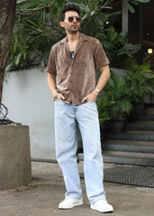 Velvet Half Sleeve Shirt - Brown