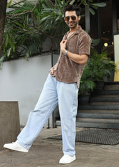 Velvet Half Sleeve Shirt - Brown