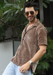 Velvet Half Sleeve Shirt - Brown