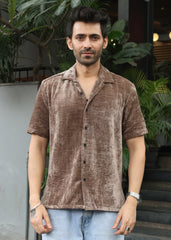 Velvet Half Sleeve Shirt - Brown