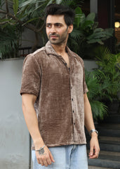 Velvet Half Sleeve Shirt - Brown