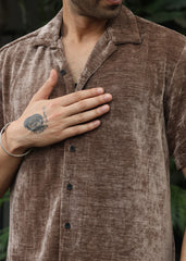 Velvet Half Sleeve Shirt - Brown