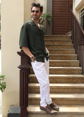 Textured Open-Weave Half-Sleeve Shirt - Green