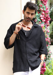 Textured Open-Weave Half-Sleeve Shirt - Black