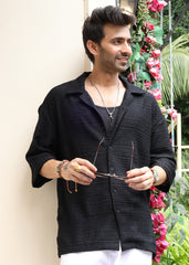 Textured Open-Weave Half-Sleeve Shirt - Black