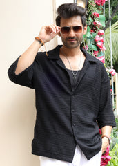 Textured Open-Weave Half-Sleeve Shirt - Black