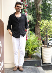 Textured Open-Weave Half-Sleeve Shirt - Black