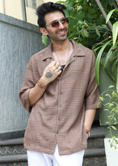 Textured Open-Weave Half-Sleeve Shirt - Brown