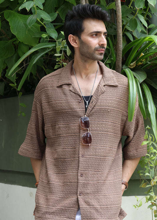 Textured Open-Weave Half-Sleeve Shirt - Brown