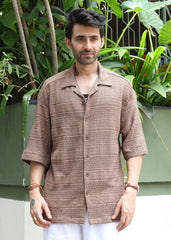 Textured Open-Weave Half-Sleeve Shirt - Brown