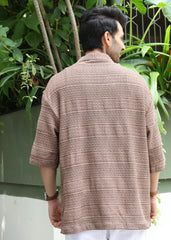 Textured Open-Weave Half-Sleeve Shirt - Brown