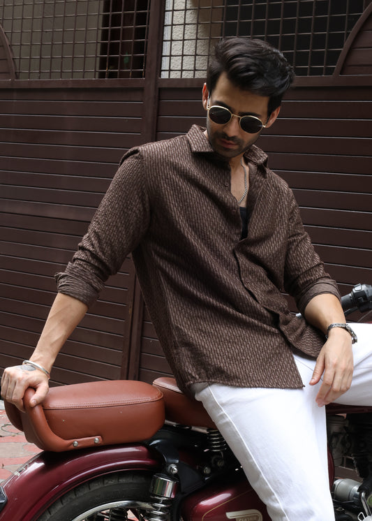 Self-Design Full-Sleeve Shirt - Brown