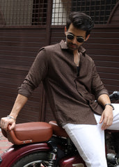 Self-Design Full-Sleeve Shirt - Brown