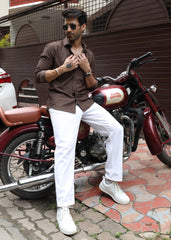 Self-Design Full-Sleeve Shirt - Brown