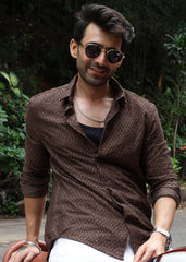 Self-Design Full-Sleeve Shirt - Brown