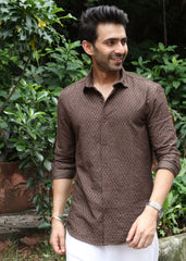 Self-Design Full-Sleeve Shirt - Brown