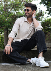 Self-Design Full-Sleeve Shirt - Beige