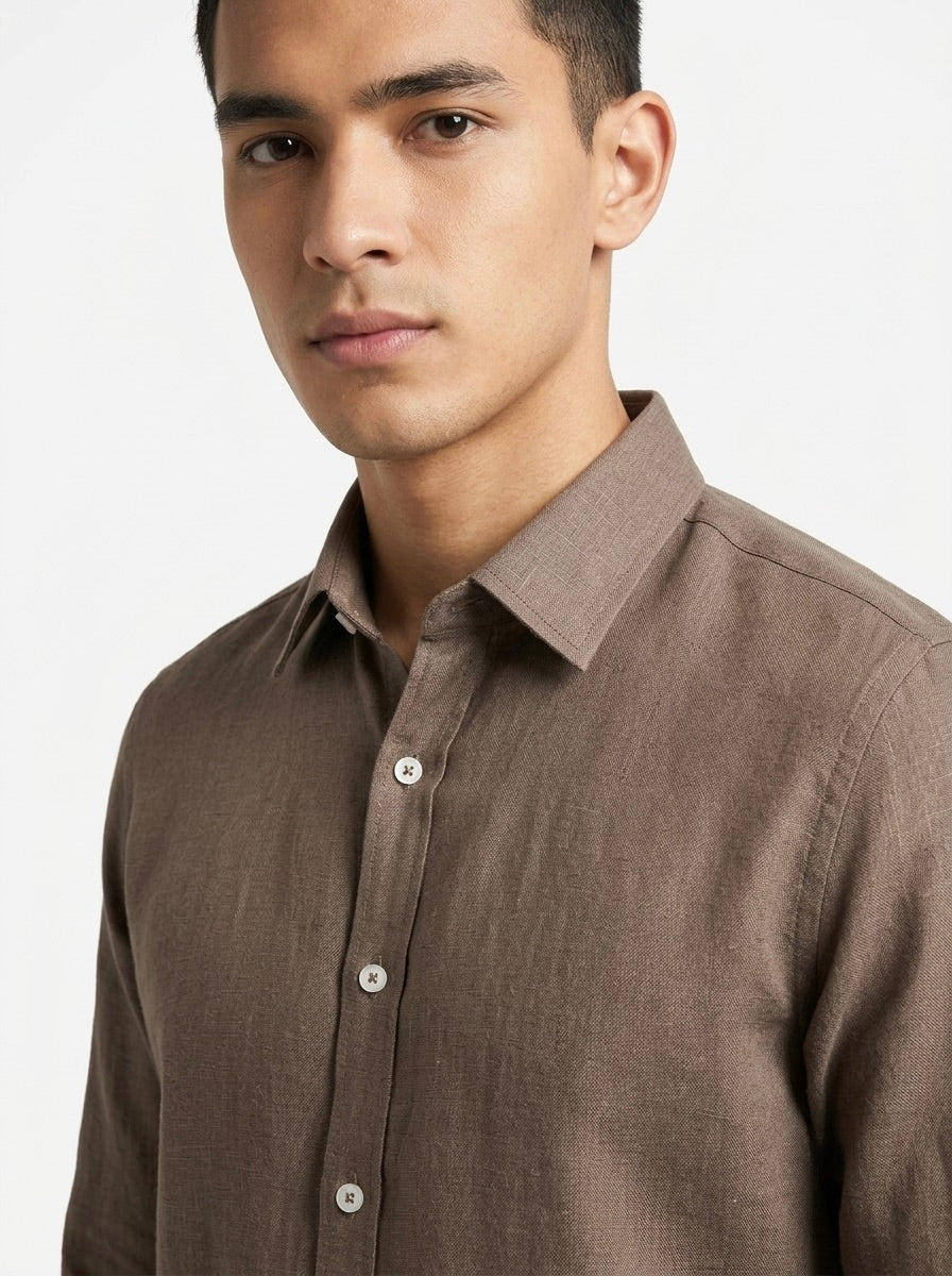 Men’s pure linen full sleeve casual shirt by Snipes, displayed in a neutral color with a button-up front and collar.