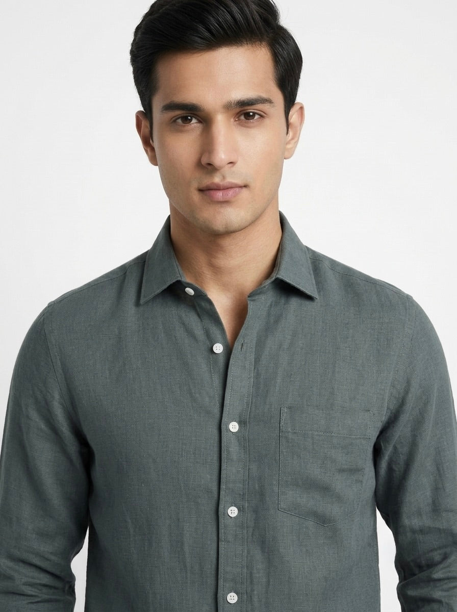 Men’s Snipes pure linen full sleeve casual shirt, light fabric with button-down front and classic collar, shown on a model.