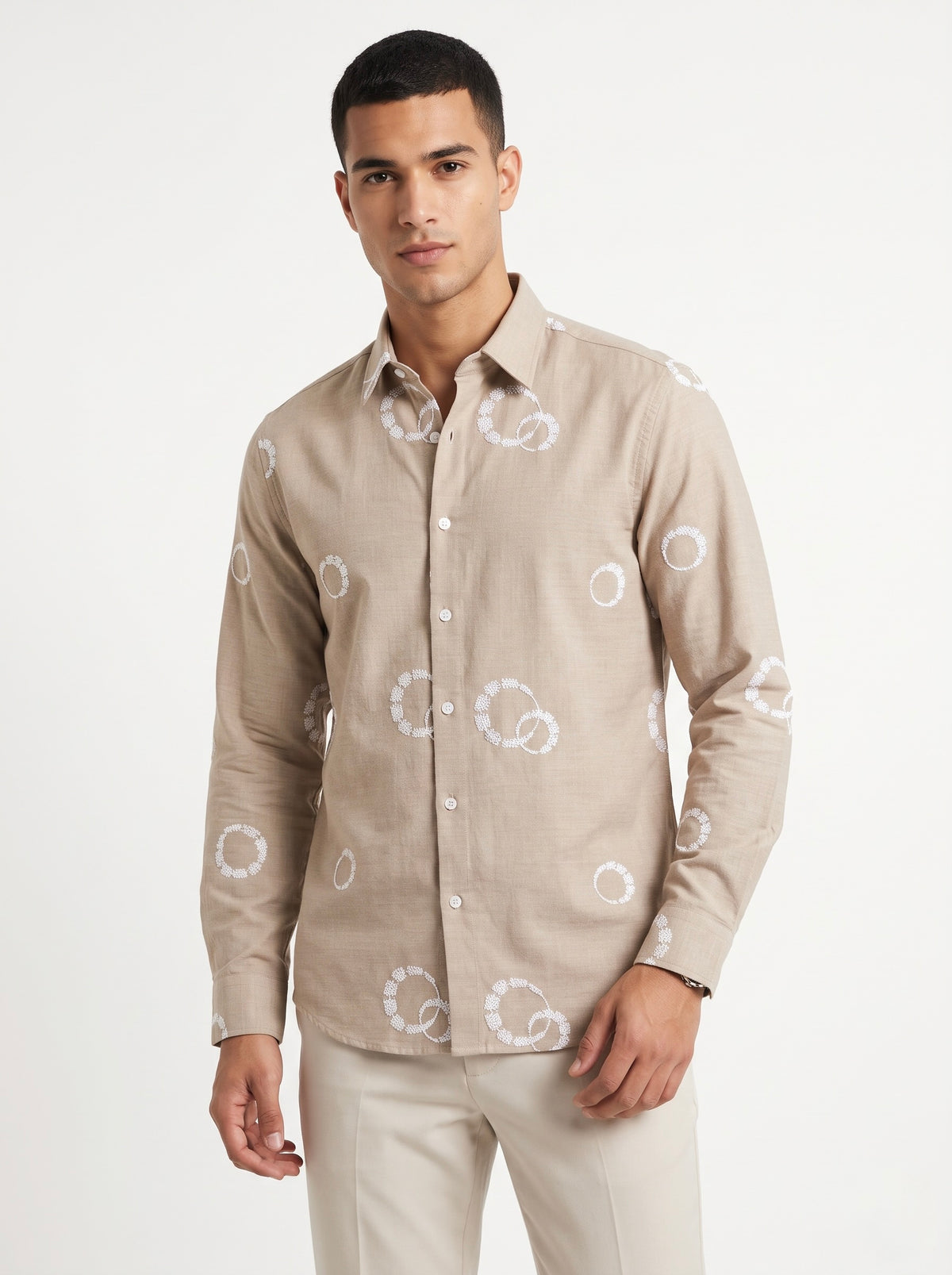 Men’s Korean Linen Circular Pattern Embroidery Shirt
