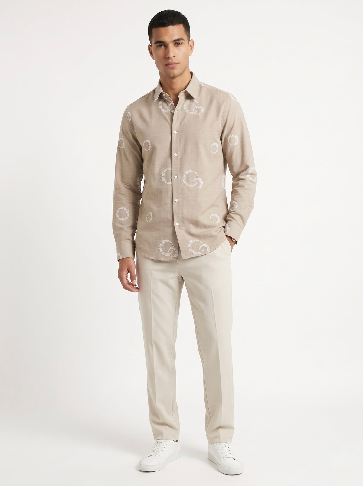 Men’s Korean Linen Circular Pattern Embroidery Shirt
