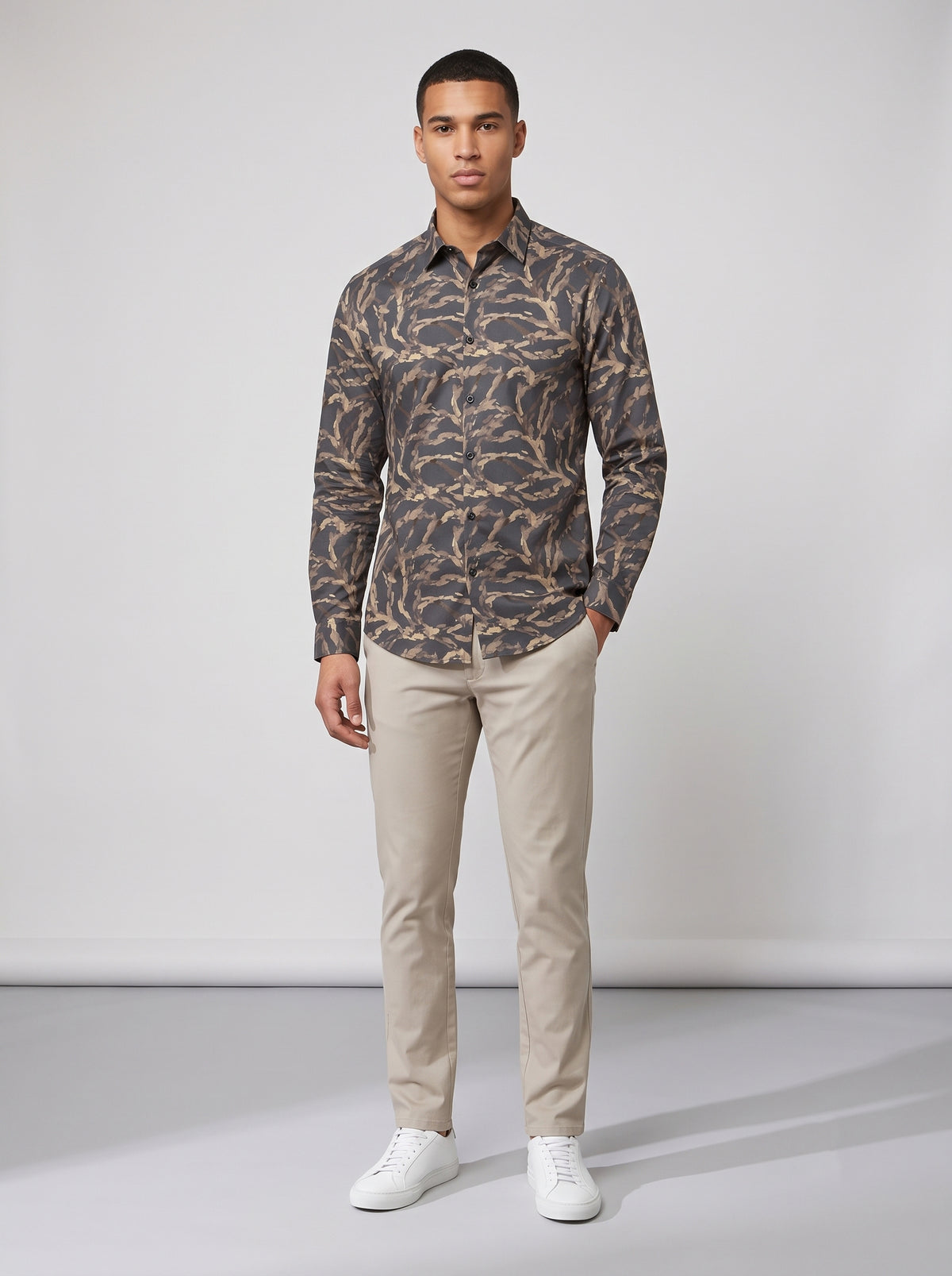 Men’s Charcoal Grey Satin Printed Abstract Shirt