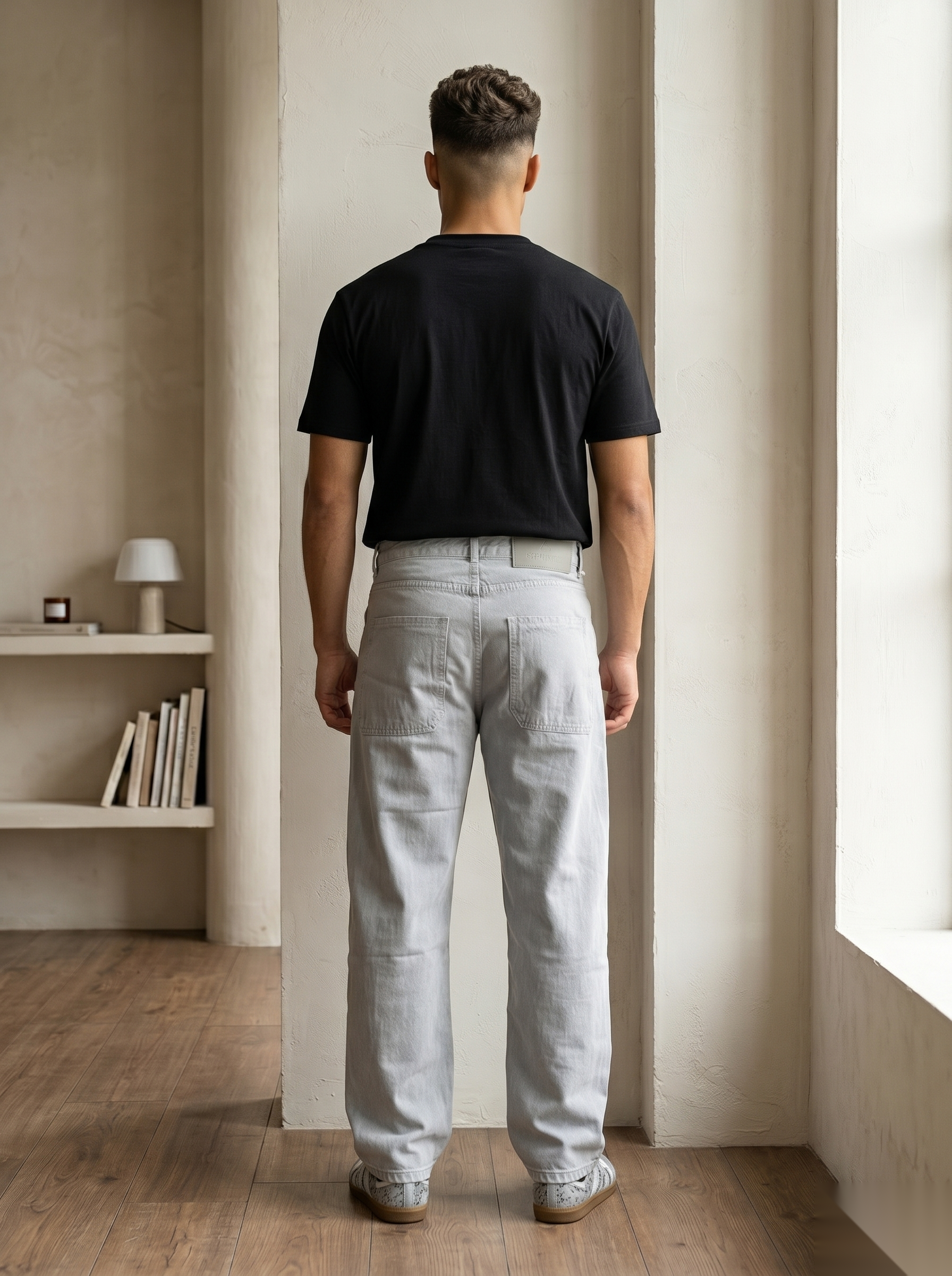 Snipes baggy fit denim jeans with relaxed fit, shown in a casual pose, featuring classic denim wash and stitching details.