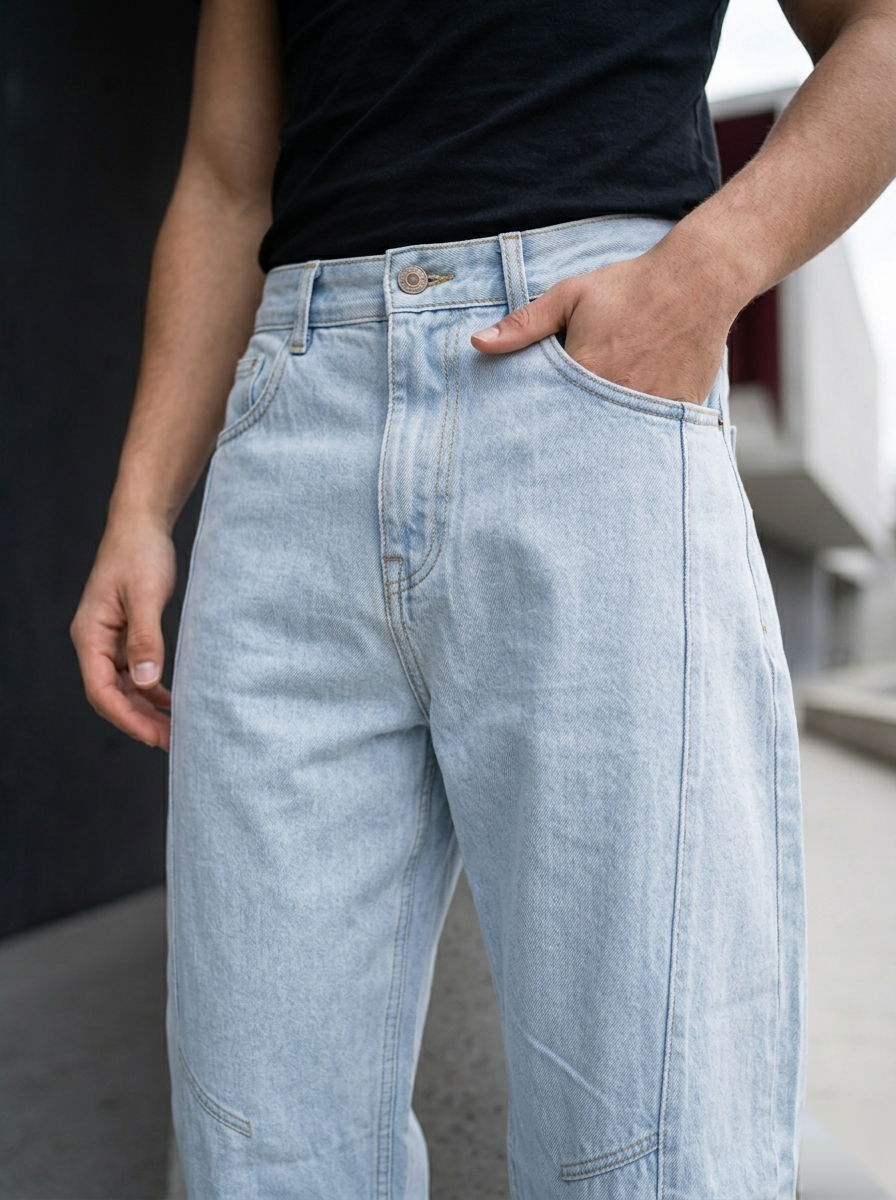 Snipes Barrel Fit denim jeans featuring a classic blue wash, front pockets, and tapered leg design.