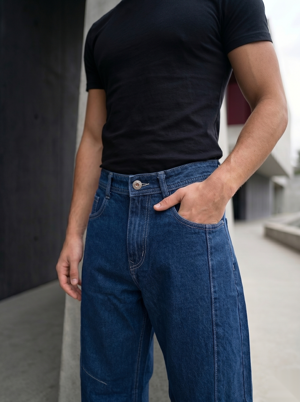 Snipes Barrel Fit denim jeans displayed on a model, showcasing the relaxed fit and classic blue denim fabric.