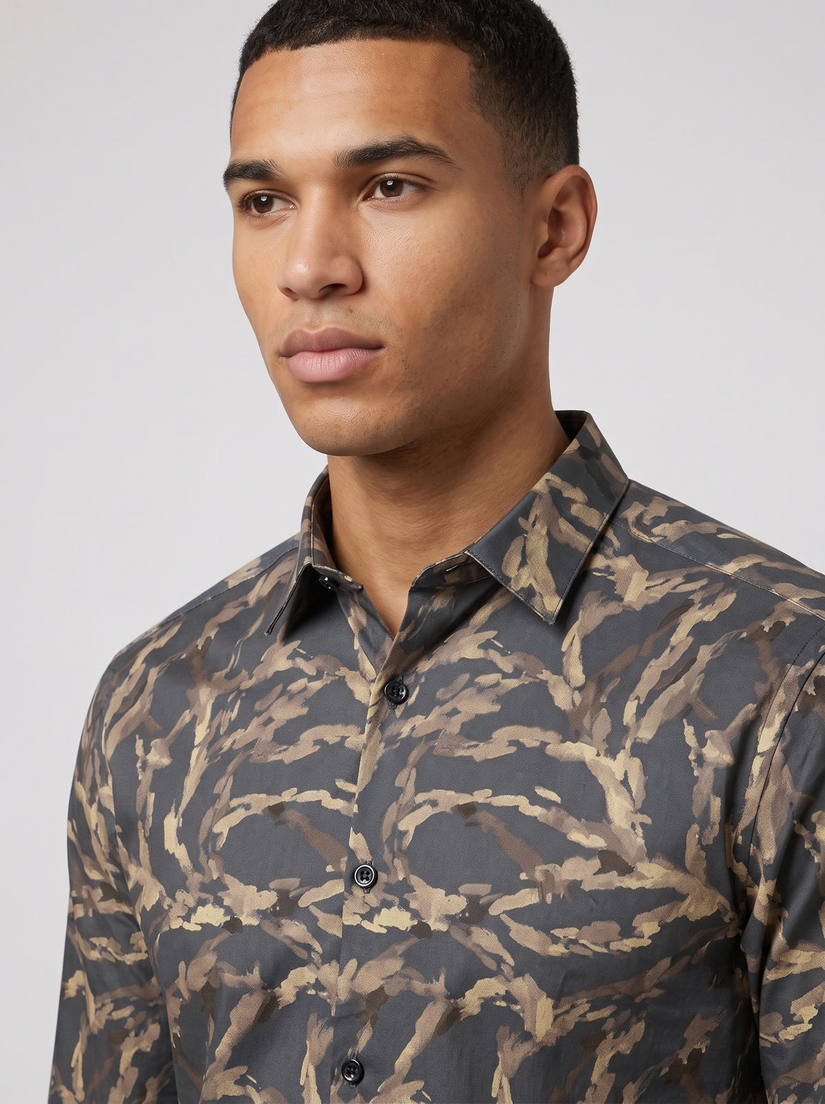 Men’s Charcoal Grey Satin Printed Abstract Shirt
