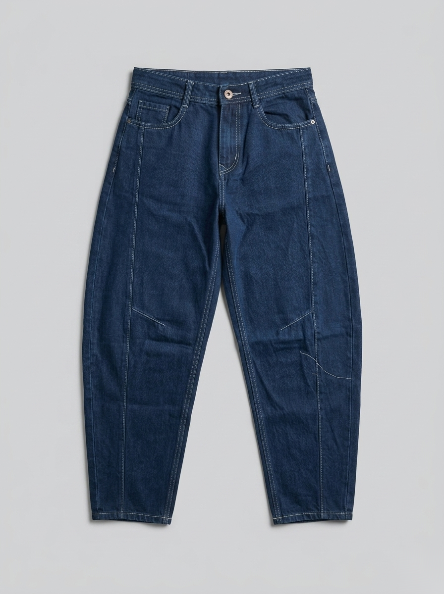 Snipes Barrel Fit denim jeans showing a relaxed fit with classic five-pocket design and dark wash denim fabric.