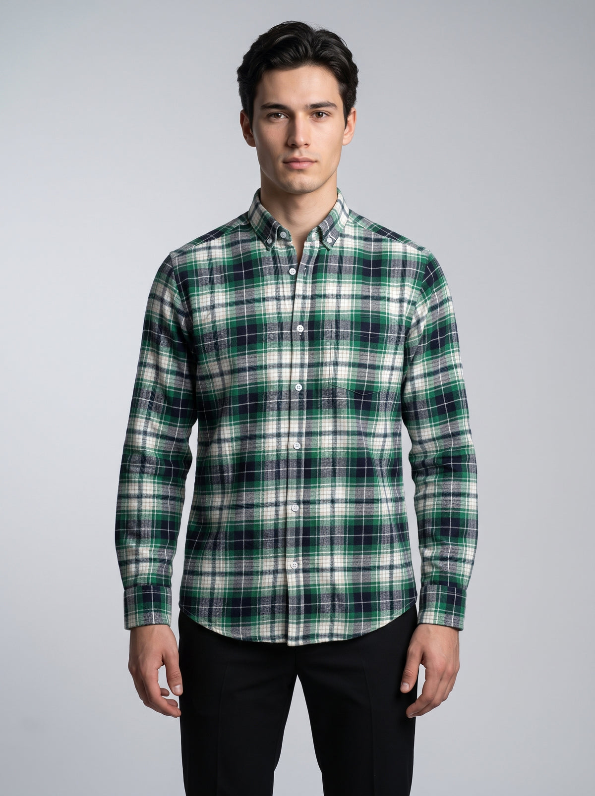 Men’s Green & Navy Plaid Check Full Sleeve Shirt
