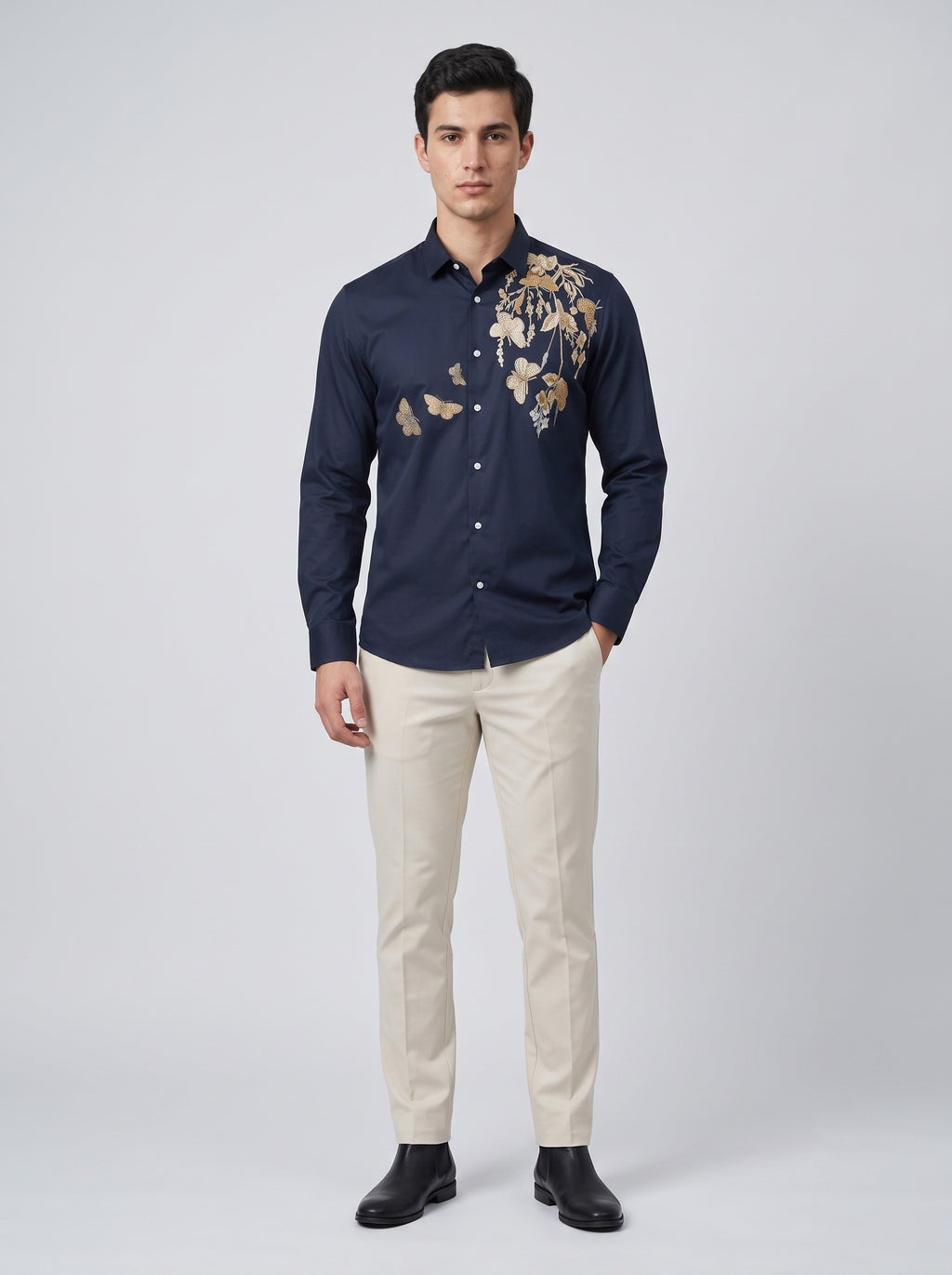 Men’s Floral Butterfly Print Stone Work Shirt