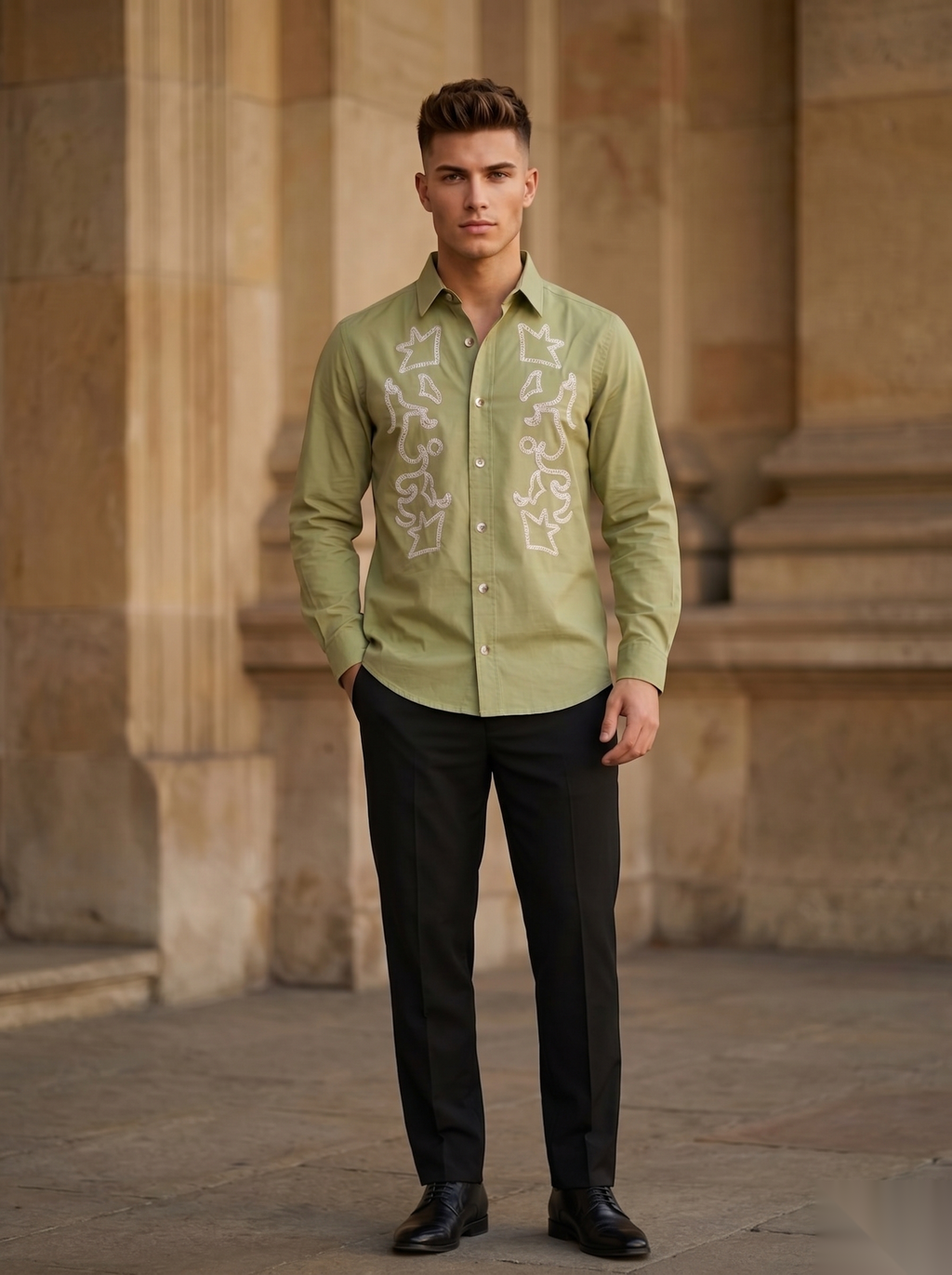 Snipes embroidery full-sleeve shirt with intricate stitched design, long sleeves, and casual fit, displayed on a neutral background.