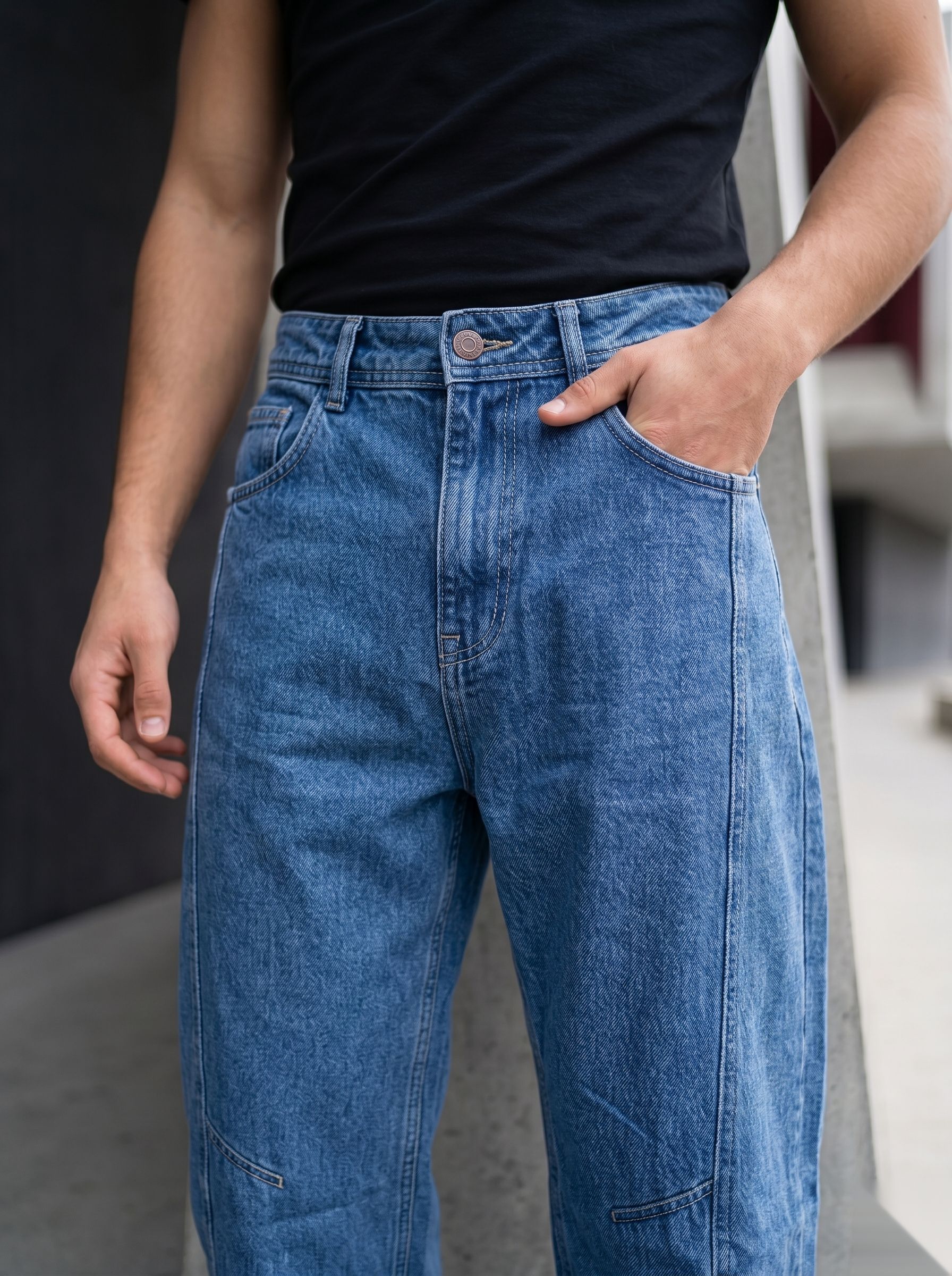 Snipes Barrel Fit denim jeans with a relaxed fit, shown with a focus on the waistband and leg details.