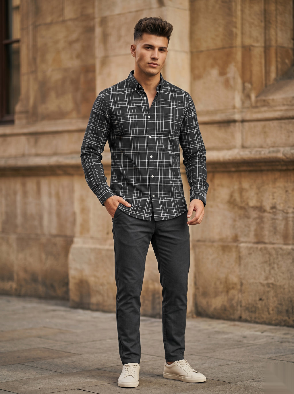 Snipes checked shirt with a classic plaid pattern, featuring button closure and long sleeves, displayed on a hanger.