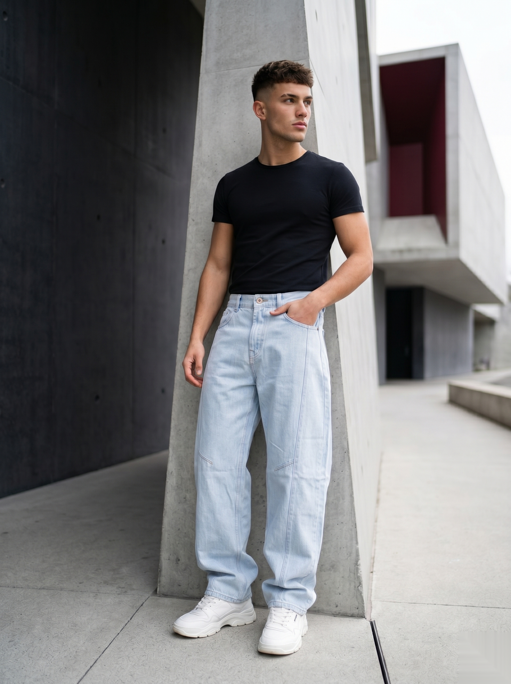 Snipes Barrel Fit denim jeans showing the relaxed, tapered leg design in classic blue wash with visible stitching and pockets.